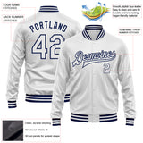 Custom White White-Navy Bomber Full-Snap Varsity Faux Leather Letterman Jacket
