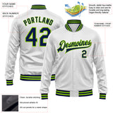 Custom White Navy-Neon Green Bomber Full-Snap Varsity Faux Leather Letterman Jacket