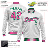 Custom White Pink-Kelly Green Bomber Full-Snap Varsity Faux Leather Letterman Jacket