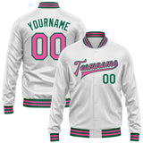 Custom White Pink-Kelly Green Bomber Full-Snap Varsity Faux Leather Letterman Jacket