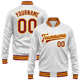 Custom White Crimson-Gold Bomber Full-Snap Varsity Faux Leather Letterman Jacket