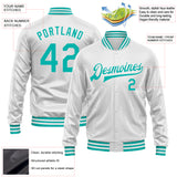 Custom White Aqua Bomber Full-Snap Varsity Faux Leather Letterman Jacket