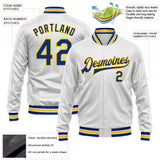 Custom White Royal-Yellow Bomber Full-Snap Varsity Faux Leather Letterman Jacket