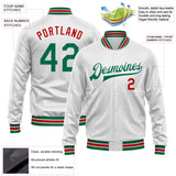 Custom White Kelly Green-Red Bomber Full-Snap Varsity Faux Leather Letterman Jacket