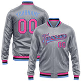 Custom Gray Pink Light Blue-Black Bomber Full-Snap Varsity Faux Leather Letterman Jacket