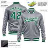 Custom Gray Kelly Green-White Bomber Full-Snap Varsity Faux Leather Letterman Jacket