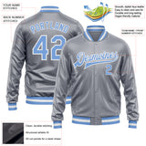 Custom Gray Light Blue-White Bomber Full-Snap Varsity Faux Leather Letterman Jacket