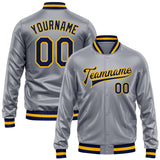 Custom Gray Navy-Gold Bomber Full-Snap Varsity Faux Leather Letterman Jacket