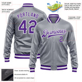 Custom Gray Purple-White Bomber Full-Snap Varsity Faux Leather Letterman Jacket