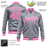 Custom Gray Pink-White Bomber Full-Snap Varsity Faux Leather Letterman Jacket