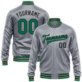 Custom Gray Kelly Green-Black Bomber Full-Snap Varsity Faux Leather Letterman Jacket