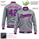 Custom Gray Purple Pink-Black Bomber Full-Snap Varsity Faux Leather Letterman Jacket