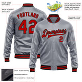 Custom Gray Red-Black Bomber Full-Snap Varsity Faux Leather Letterman Jacket