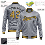 Custom Gray Old Gold-Black Bomber Full-Snap Varsity Faux Leather Letterman Jacket