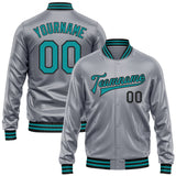 Custom Gray Teal-Black Bomber Full-Snap Varsity Faux Leather Letterman Jacket