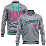 Custom Gray Pink Aqua-Black Bomber Full-Snap Varsity Faux Leather Letterman Jacket
