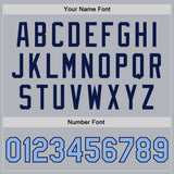 Custom Gray Light Blue-Navy Bomber Full-Snap Varsity Faux Leather Letterman Jacket