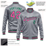 Custom Gray Pink-Kelly Green Bomber Full-Snap Varsity Faux Leather Letterman Jacket