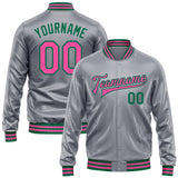 Custom Gray Pink-Kelly Green Bomber Full-Snap Varsity Faux Leather Letterman Jacket