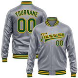 Custom Gray Green-Gold Bomber Full-Snap Varsity Faux Leather Letterman Jacket