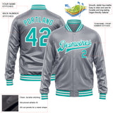 Custom Gray Aqua-White Bomber Full-Snap Varsity Faux Leather Letterman Jacket