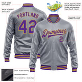 Custom Gray Purple-Old Gold Bomber Full-Snap Varsity Faux Leather Letterman Jacket