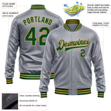 Custom Gray Green-Old Gold Bomber Full-Snap Varsity Faux Leather Letterman Jacket