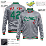 Custom Gray Kelly Green-Red Bomber Full-Snap Varsity Faux Leather Letterman Jacket
