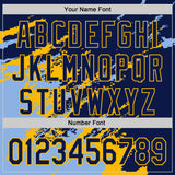 Custom Navy Light Blue-Gold Splash Art 3D Pattern Design Bomber Full-Snap Varsity Letterman Hoodie Jacket