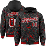 Custom Black Red-White Abstract Network 3D Pattern Design Bomber Full-Snap Varsity Letterman Hoodie Jacket