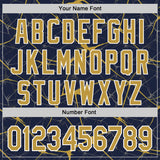 Custom Navy Old Gold-White Abstract Network 3D Pattern Design Bomber Full-Snap Varsity Letterman Hoodie Jacket