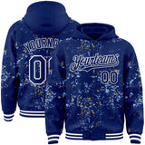 Custom Royal Light Blue Old Gold-White Fragment 3D Pattern Design Bomber Full-Snap Varsity Letterman Hoodie Jacket