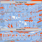 Custom Figure Light Blue Orange-White Fluid Bomber Full-Snap Varsity Letterman Hoodie Jacket