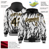 Custom Black White-Old Gold Abstract Sharp Shape Fragment 3D Pattern Design Bomber Full-Snap Varsity Letterman Hoodie Jacket