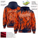 Custom Navy Orange-White Abstract Sharp Shape Fragment 3D Pattern Design Bomber Full-Snap Varsity Letterman Hoodie Jacket