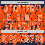 Custom Navy Orange-White Abstract Sharp Shape Fragment 3D Pattern Design Bomber Full-Snap Varsity Letterman Hoodie Jacket