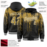 Custom Black Old Gold-White Dripping Splatter 3D Pattern Design Bomber Full-Snap Varsity Letterman Hoodie Jacket