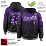Custom Black Purple-White Dripping Splatter 3D Pattern Design Bomber Full-Snap Varsity Letterman Hoodie Jacket