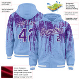 Custom Light Blue Purple-White Dripping Splatter 3D Pattern Design Bomber Full-Snap Varsity Letterman Hoodie Jacket