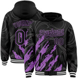 Custom Black Medium Purple-White Splash 3D Pattern Design Bomber Full-Snap Varsity Letterman Hoodie Jacket