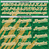 Custom Kelly Green Old Gold-White Splash 3D Pattern Design Bomber Full-Snap Varsity Letterman Hoodie Jacket