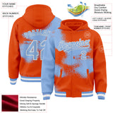 Custom Orange Light Blue-White Abstract Color Blocks Fragment 3D Pattern Design Bomber Full-Snap Varsity Letterman Hoodie Jacket