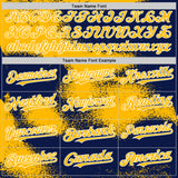 Custom Navy Gold-White Abstract Color Blocks Fragment 3D Pattern Design Bomber Full-Snap Varsity Letterman Hoodie Jacket