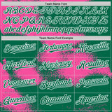 Custom Kelly Green Pink-White Abstract Color Blocks Fragment 3D Pattern Design Bomber Full-Snap Varsity Letterman Hoodie Jacket