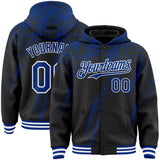 Custom Black Royal-White Splash 3D Pattern Design Bomber Full-Snap Varsity Letterman Hoodie Jacket