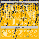 Custom Gold Navy-White Splash 3D Pattern Design Bomber Full-Snap Varsity Letterman Hoodie Jacket