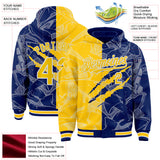 Custom Graffiti Pattern Yellow Royal-White Scratch Bomber Full-Snap Varsity Letterman Hoodie Jacket