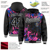 Custom Black Thunder Blue Pink-White Splash 3D Pattern Design Bomber Full-Snap Varsity Letterman Hoodie Jacket