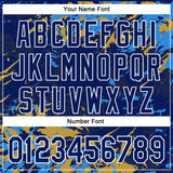 Custom Royal Powder Blue Old Gold-White Splash 3D Pattern Design Bomber Full-Snap Varsity Letterman Hoodie Jacket