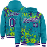 Custom Teal Purple Neon Green-White Splash 3D Pattern Design Bomber Full-Snap Varsity Letterman Hoodie Jacket